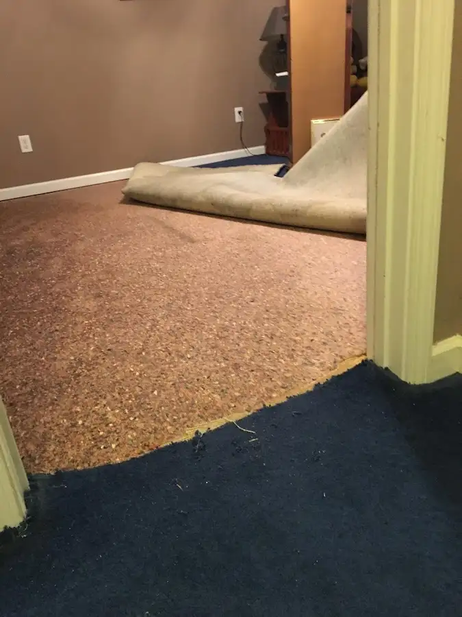 Carpet pad removal revealing water damage during Drying & Dehumidification in Overland Park